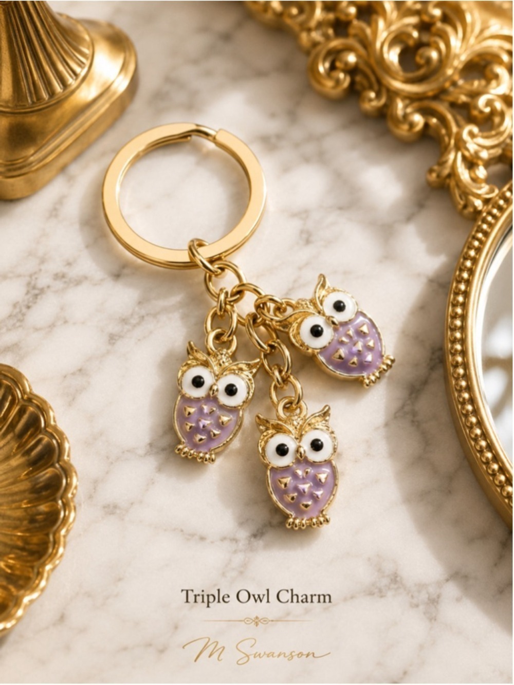 NEW Owl trio enamel key chain bag charm light purple lilac enamel on gold